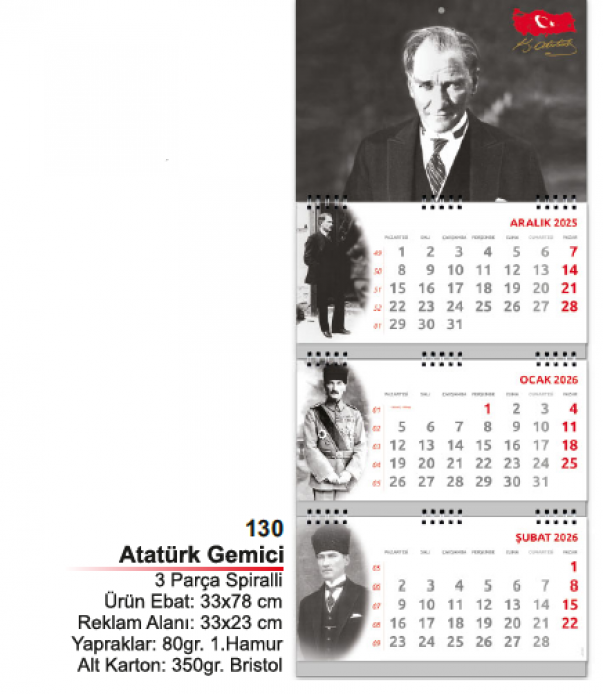 Atatürk Gemici Takvim ( 3 Parça Spiralli )